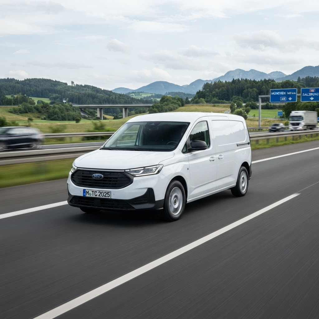 A 2025 Ford Transit Cargo Van driving on a modern European motorway